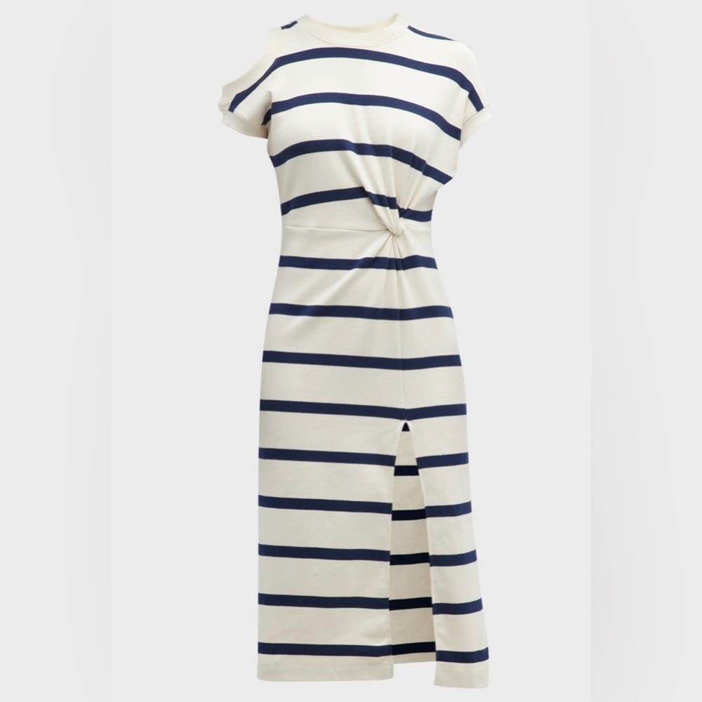 Tanya Taylor Striped Midi Dress | Navy & Cream | One-Shoulder Detail | Size 2X